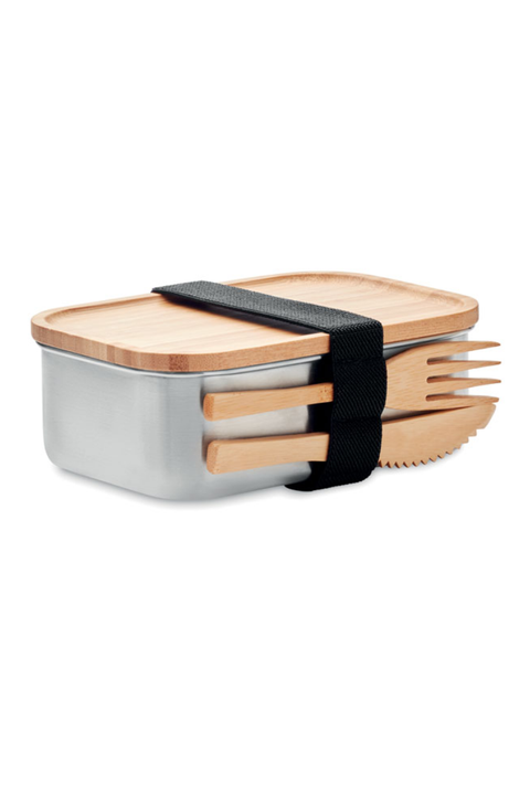 Lunchbox aus Edelstahl mit Deckel, Messer und Gabel aus Bambus